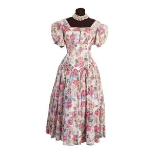 Vintage 80's Floral Garden Party Dress Robbie Bee Fit & Flair Cottage Core L